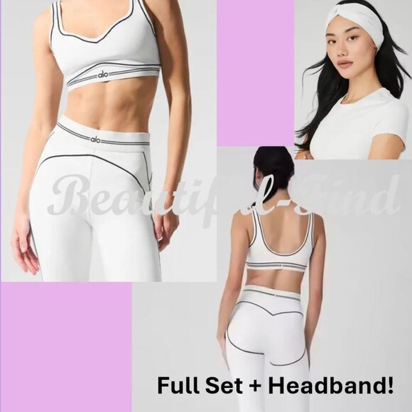 Alo Yoga Airbrush Heart Throb Full Set in White Size Small Plus Headband New - Picture 1 of 14